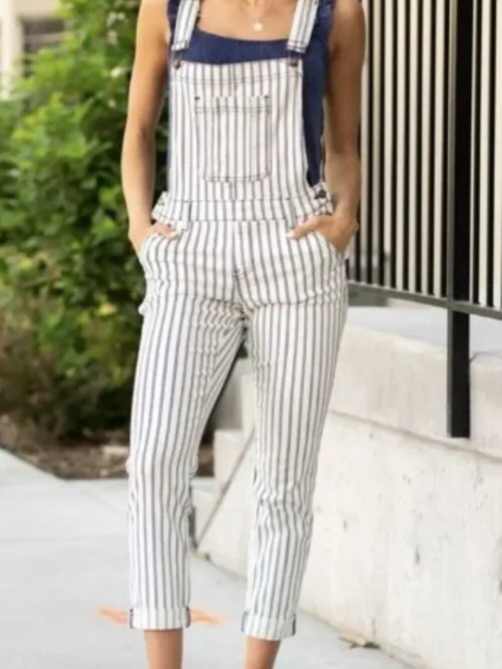 Judy Blue Painter Striped White & Blue Boyfriend Denim Overalls Women's